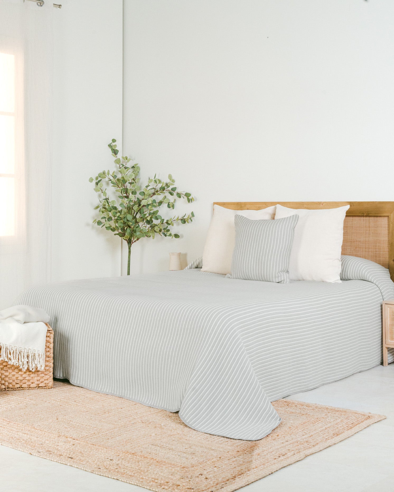 Colcha Doble Tela Algodón Jacquard  Raya Nitia Verde Seco