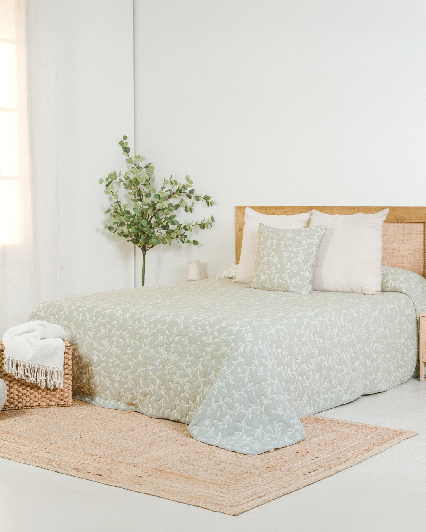 Colcha Doble Tela Algodón Jacquard  Raya Acamia Verde Seco