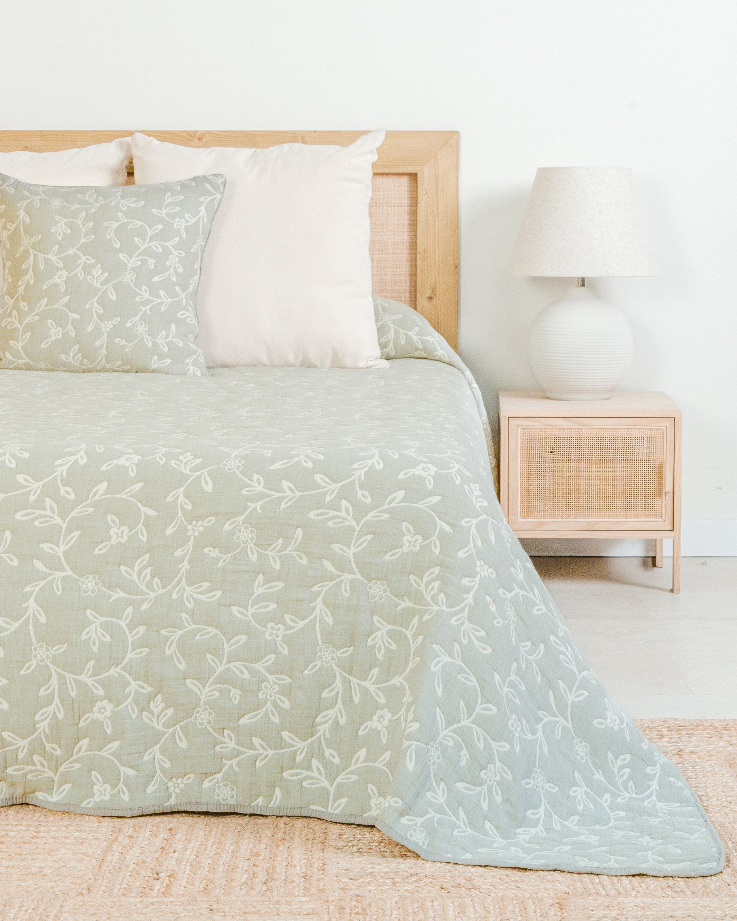 Colcha Doble Tela Algodón Jacquard  Raya Acamia Verde Seco