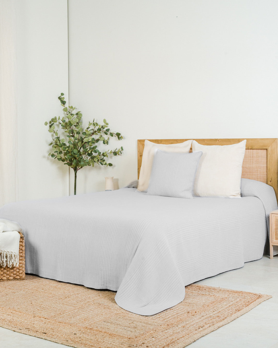 Colcha Doble Tela Algodón Jacquard  Raya Londres Gris Claro