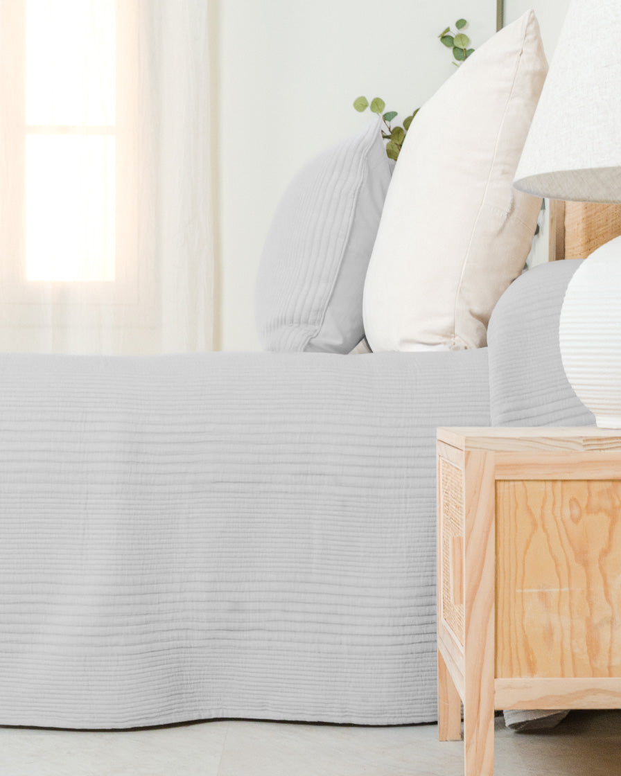 Colcha Doble Tela Algodón Jacquard  Raya Londres Gris Claro