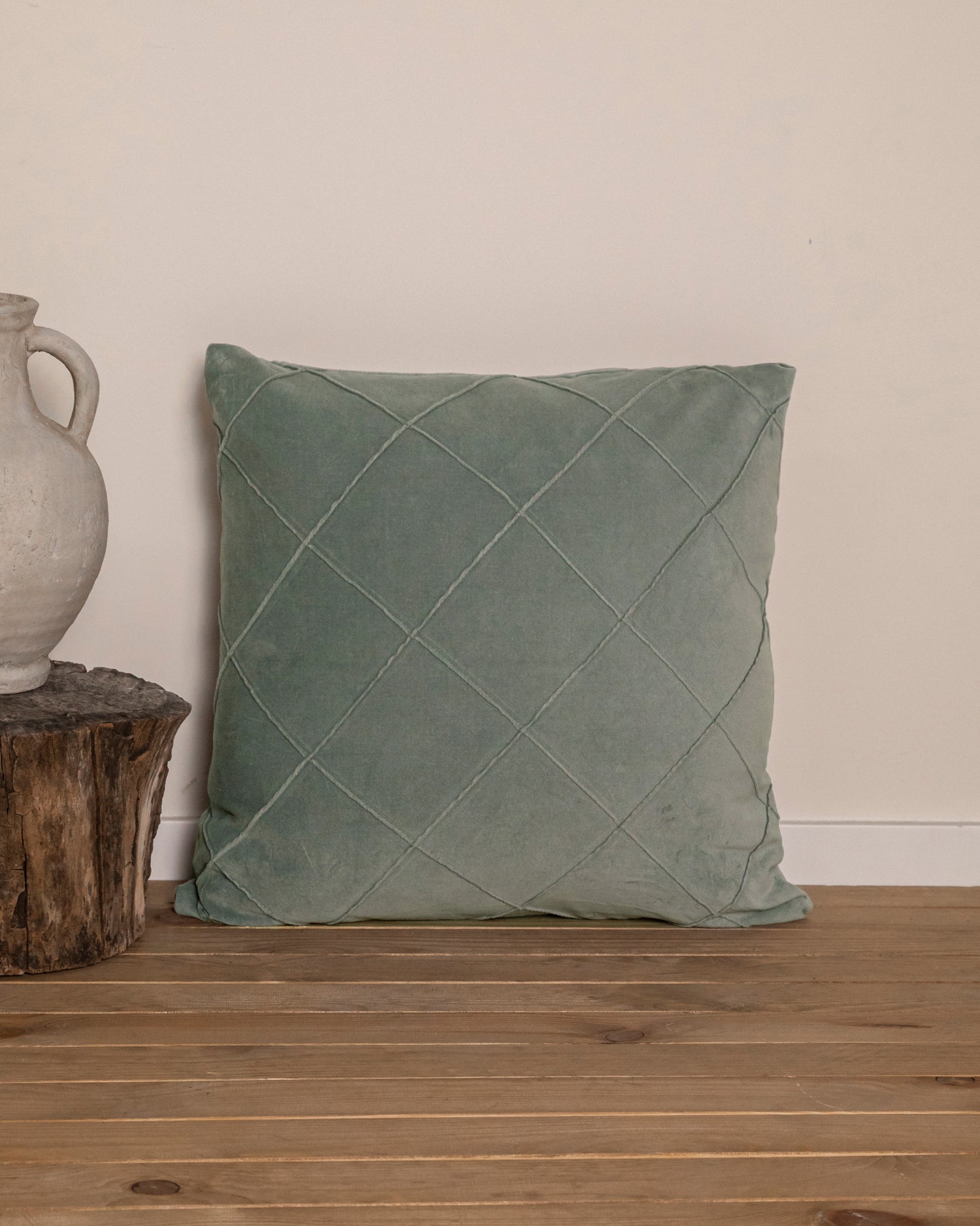Cojín Terciopelo Algodón Rombo Verde Seco