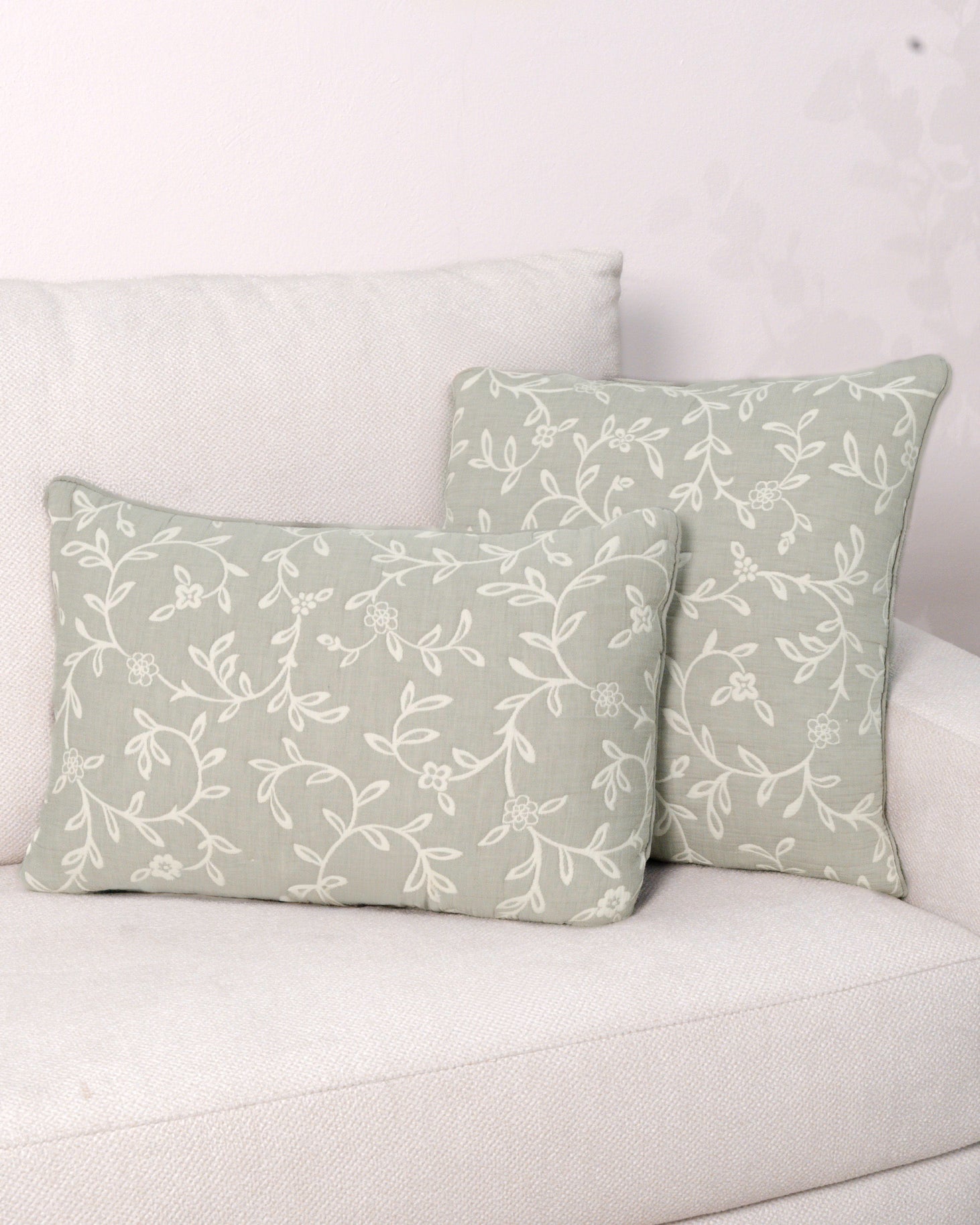 Cojín doble tela algodón jacquard Acamia verde seco