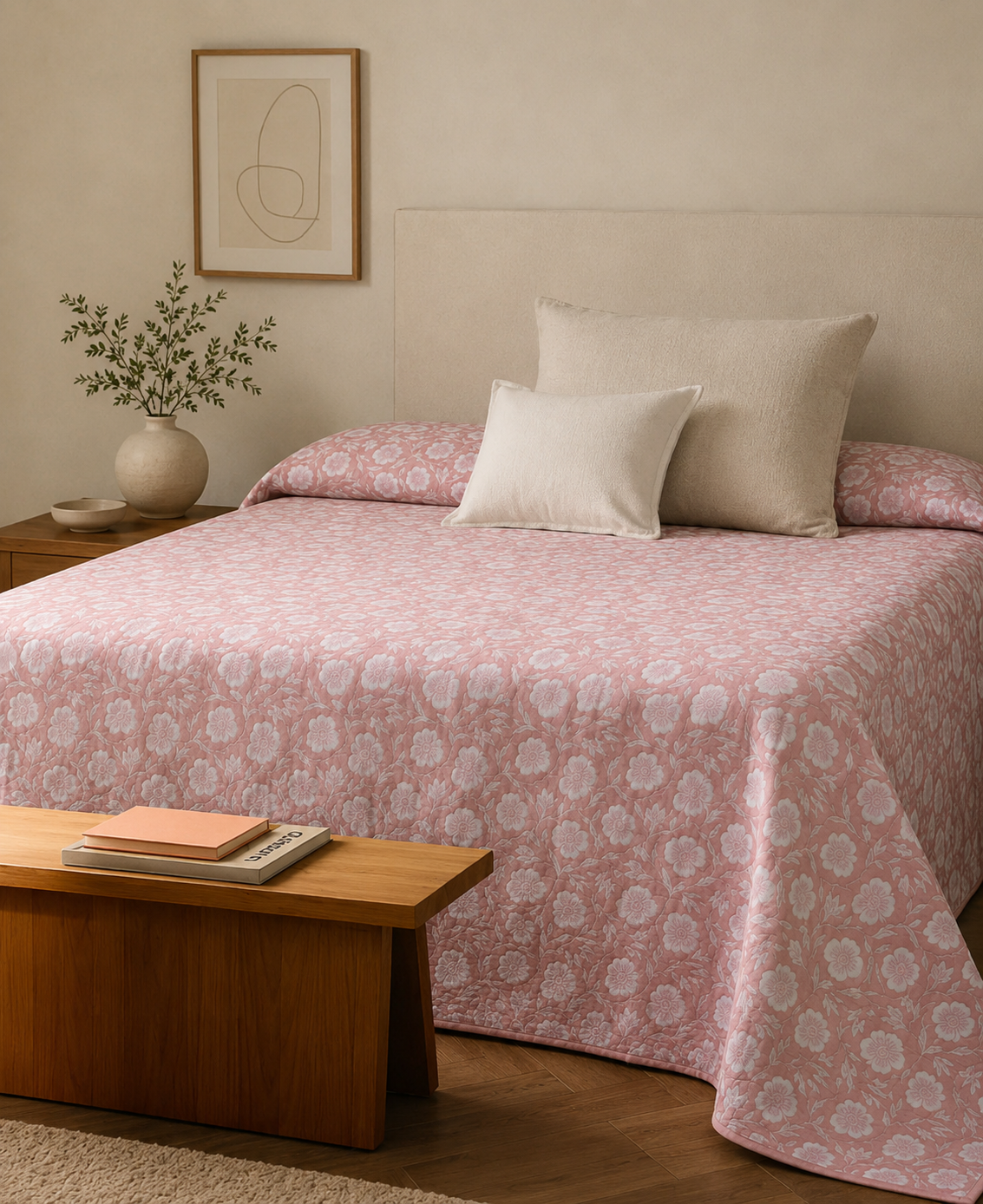Colcha doble tela jacquard canna rosa keike