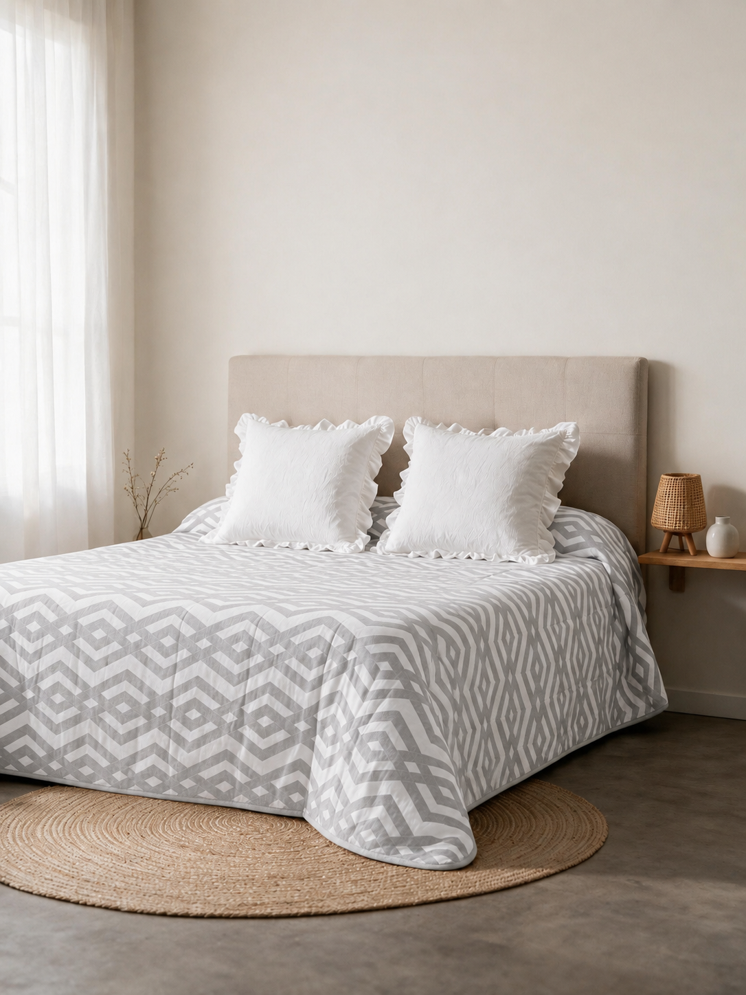 Couvre-lit double en coton jacquard Nela gris clair