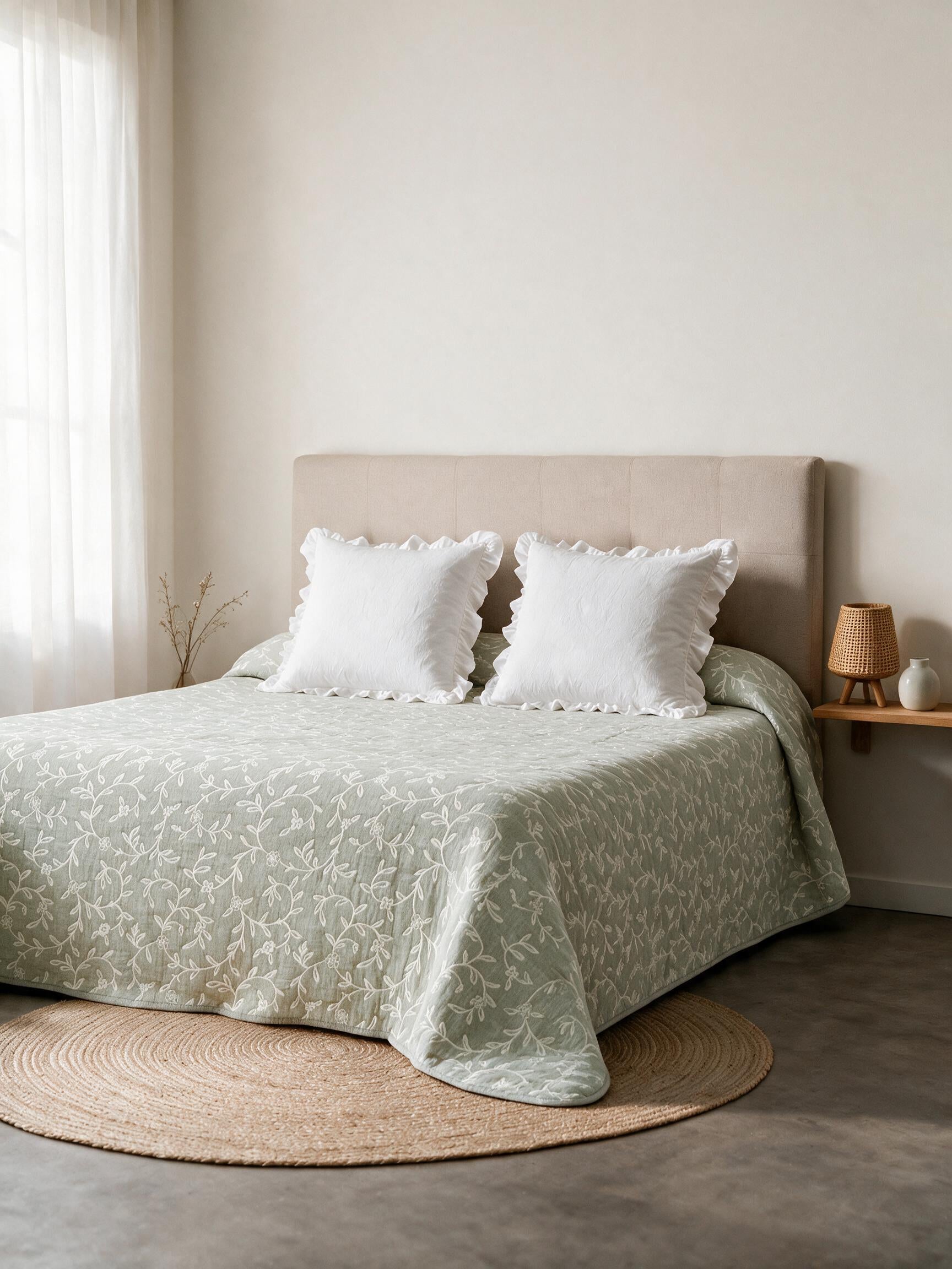 Couvre-lit double en coton jacquard à rayures acacia vert sec