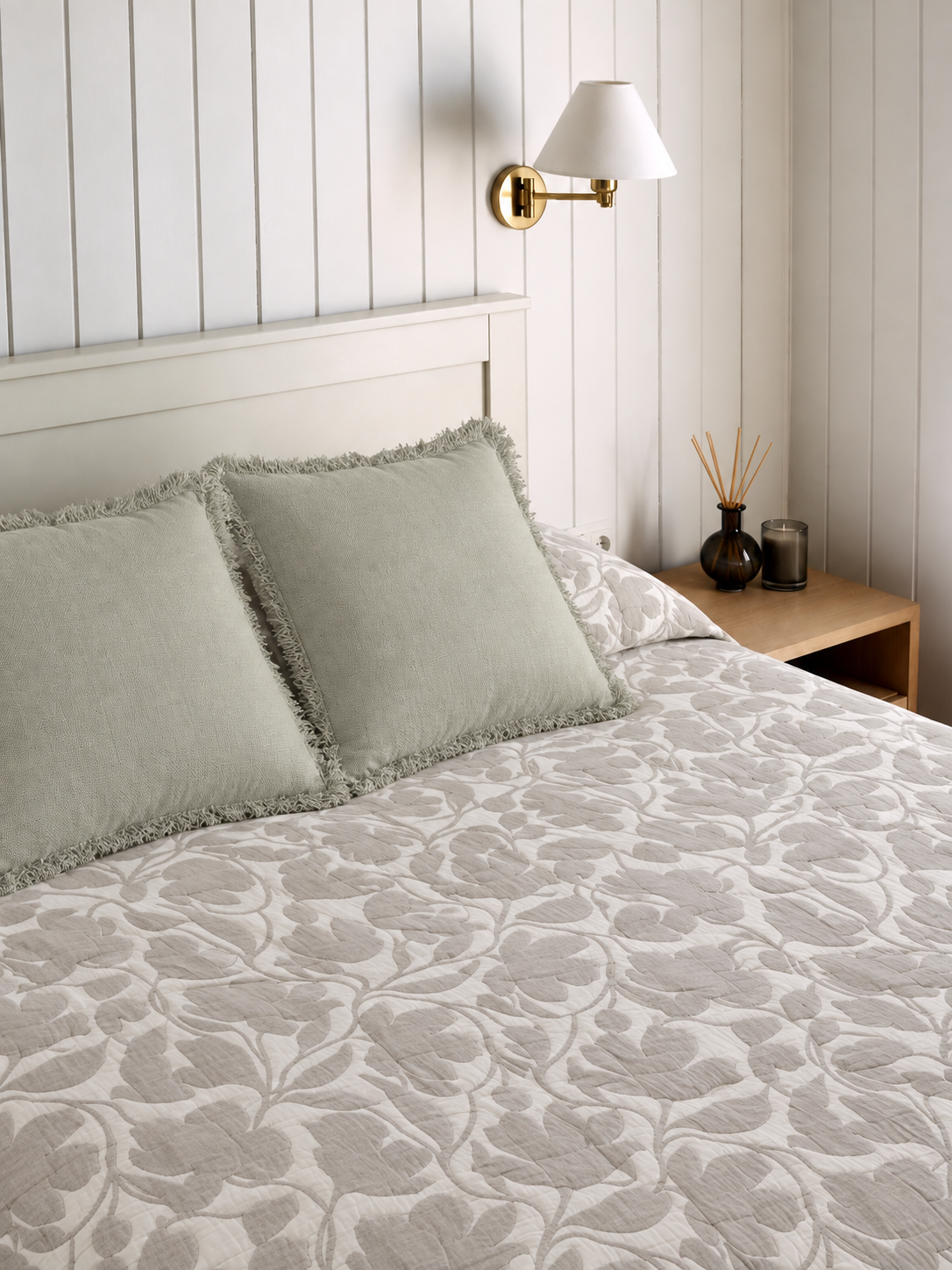 Colcha doble tela algodón jacquard flormar verde seco