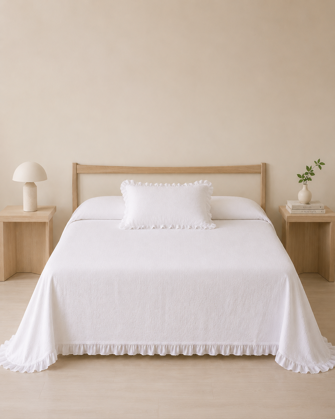 Colcha doble tela algodón jacquard ruffle blanco